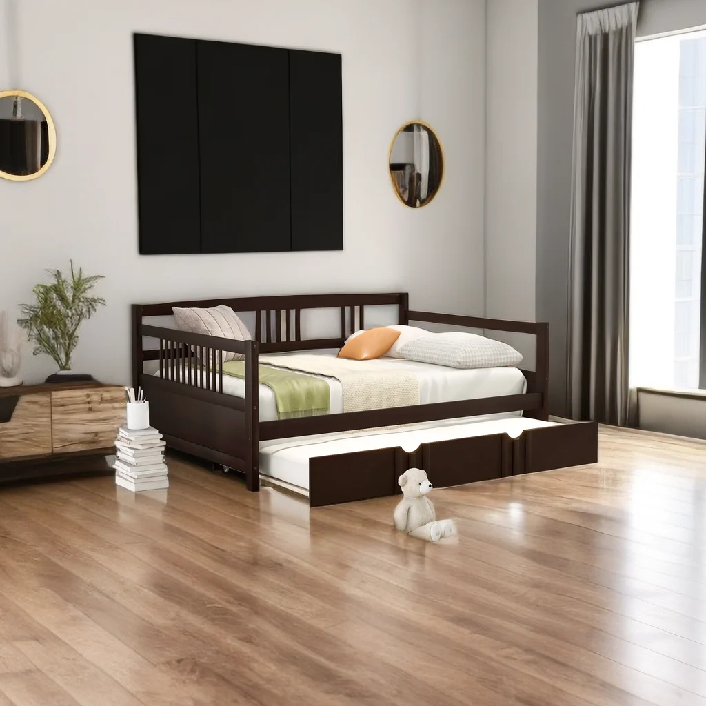 Full Size Daybed with Trundle, Modern Wood Sofa Day Bed Frame with Twin Size Trundle for Kids Boys, No Box Spring Need, Easy Assembly