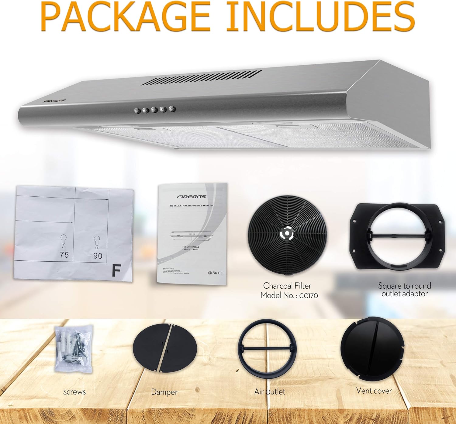 FIREGAS Under Cabinet Range Hood 36 inch with Ducted/Ductless Convertible, Slim Kitchen Over Stove Vent, LED Light, 3 Speed Exhaust Fan