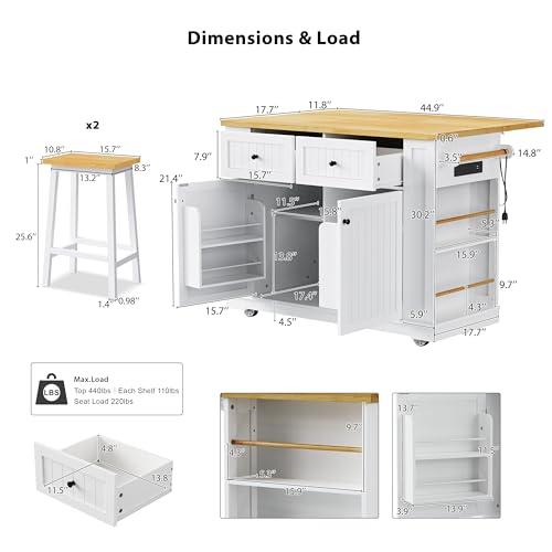 Rolling Kitchen Island with Drop Leaf & Power Outlet, Large Kitchen Islands Cart on Wheels