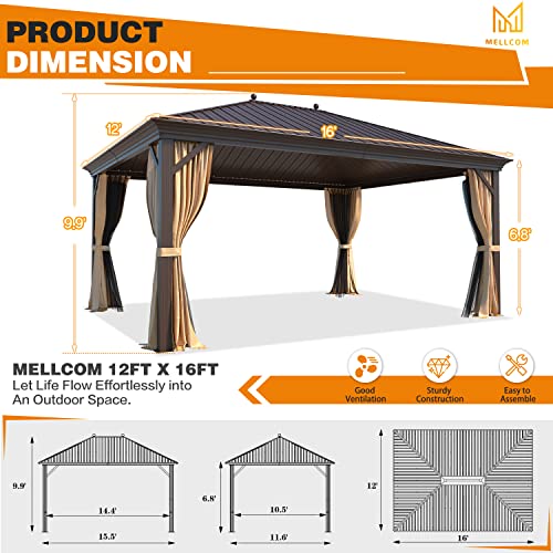 MELLCOM 12'x16' Hardtop Gazebo, Galvanized Steel Metal Double Roof Canopy with Curtains and Netting