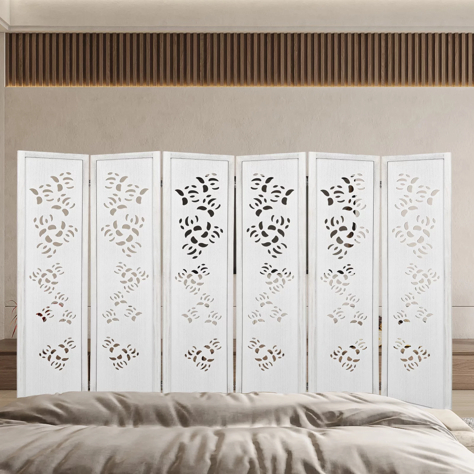 Hofitlead 6 Panel Carved Room Dividers 5.6FT Wooden Folding Screen Freestanding Privacy Partition Wall for Bedroom Living Room Office