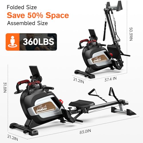 Pooboo Magnetic Rowing Machine 360 LB Weight Capacity, folding rower with Combination Strength exercise, Tablet Holder and Comfortable Seat Cushion