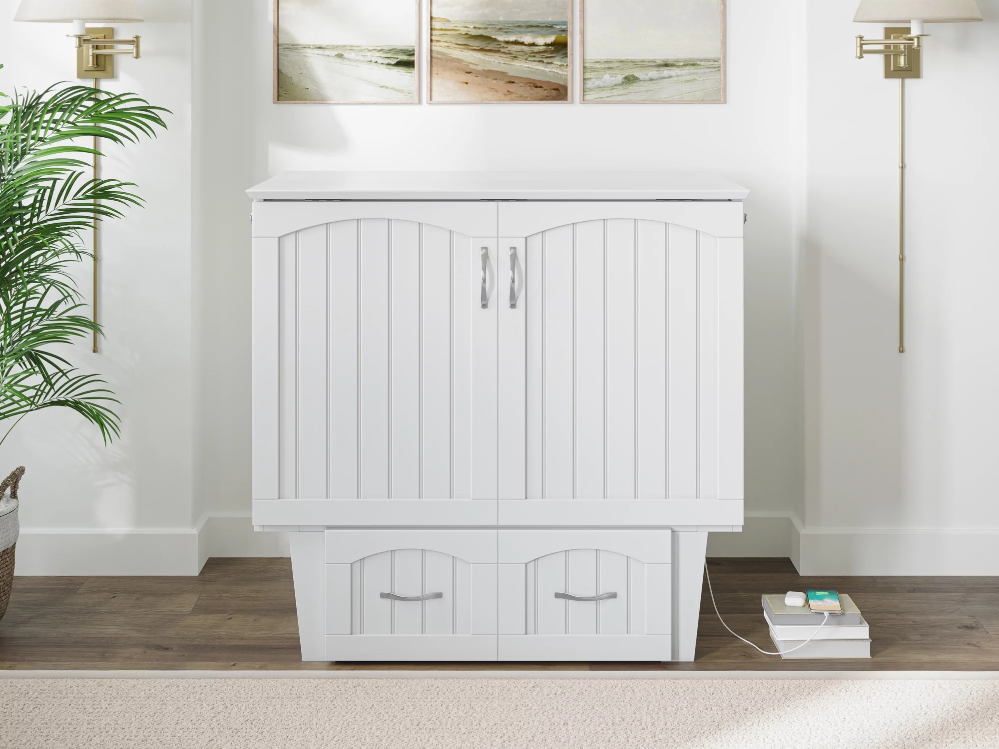 AFI Nantucket Twin Solid Wood Murphy Bed Chest with Mattress, Drawer & Charger in White