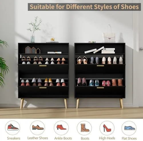 RUNFAYBIU Shoe Cabinet for Entryway Slim  Narrow Shoe Cabinet with 2 Flip Drawers  Black Shoe  Cabinet  Shoe Rack Cabinet for Entryway  Hallway