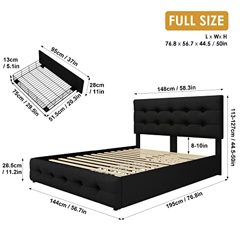 Queen Bed Frame with 4 Storage Drawers and Adjustable Headboard, Upholstered Platform Bed with Button Tufted Design, Strong Wooden Slats Support