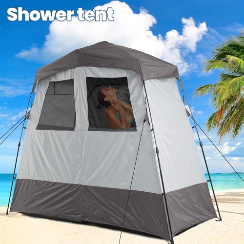 Camping Shower Tent Deluxe Changing Room Easy Set Up Privacy Shelter,Large Toilet Tent 2 Rooms with Floor Drain Design for Beach, Camping