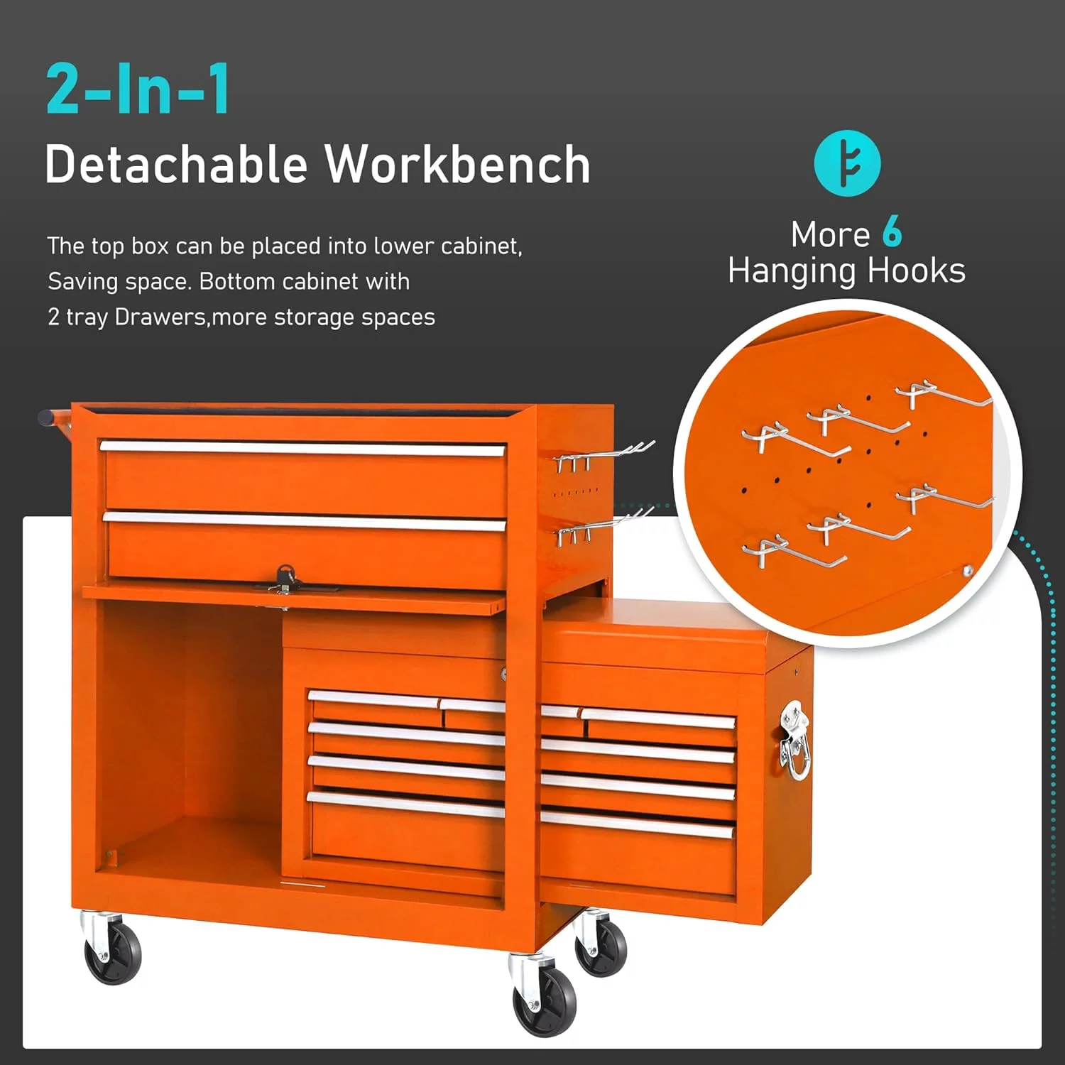 2-IN-1  Tool Chest & Cabinet, Large Capacity 8-Drawer Rolling Tool Box Organizer with Wheels Lockable Craft, Black