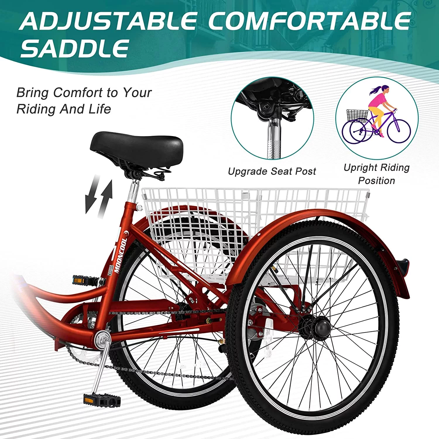 Docred Adult Tricycle 7 Speed 24 Inch Three Wheel Bike Cruiser Trike for Men/Women/Seniors