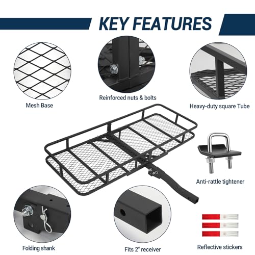 Folding Hitch Cargo Carrier, 60"x24"x6" Heavy-Duty Basket Rack, 500lbs Capacity, Fits 2" Receiver, for SUV, Trailer, Pickup
