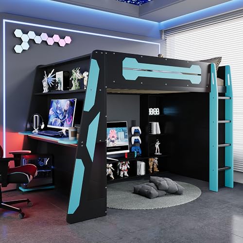 Modern Full Size Gaming Loft Bed with Built-in Desk and Storage Wardrobe, Wood Loft Bed Frame with Light Strip and 2 Drawers
