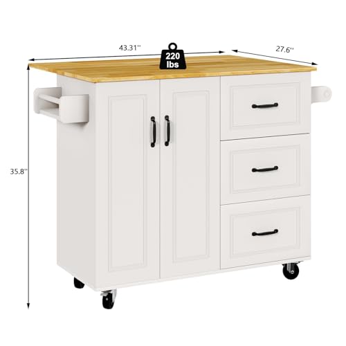 4 EVER WINNER Rolling Island with Storage and Drop Leaf, Marble Tabletop, Kitchen Carts on Wheels with Towel Rack & Spice Rack