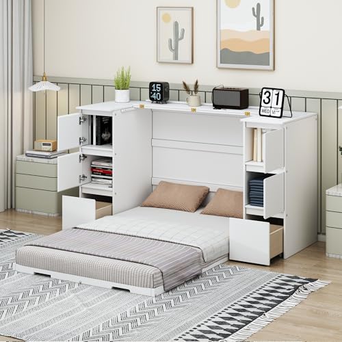 Full Size Murphy Bed with Drawers, Cabinets and USB Ports,Wood Murphy Bed Cabinet Bed Removable Shelves
