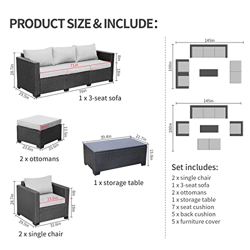 Rattaner Patio Wicker Furniture Set 6 Pieces Outdoor HDPE Wicker Conversation Couch Sectional Chair Sofa Set with Grey Cushions