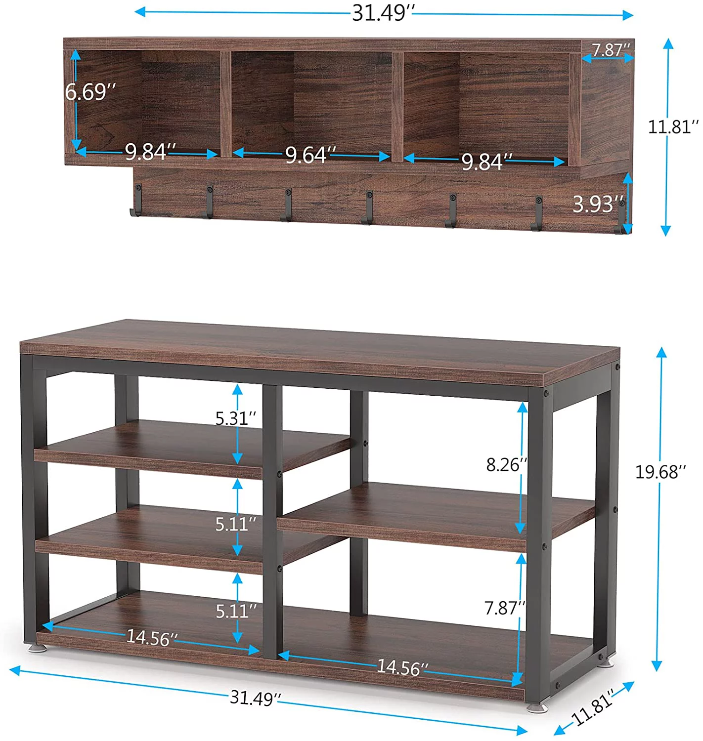 Tribesigns Hall Tree with  Bench, 3 Storage Cubbies, 7 Hooks for Entryway, Hallway
