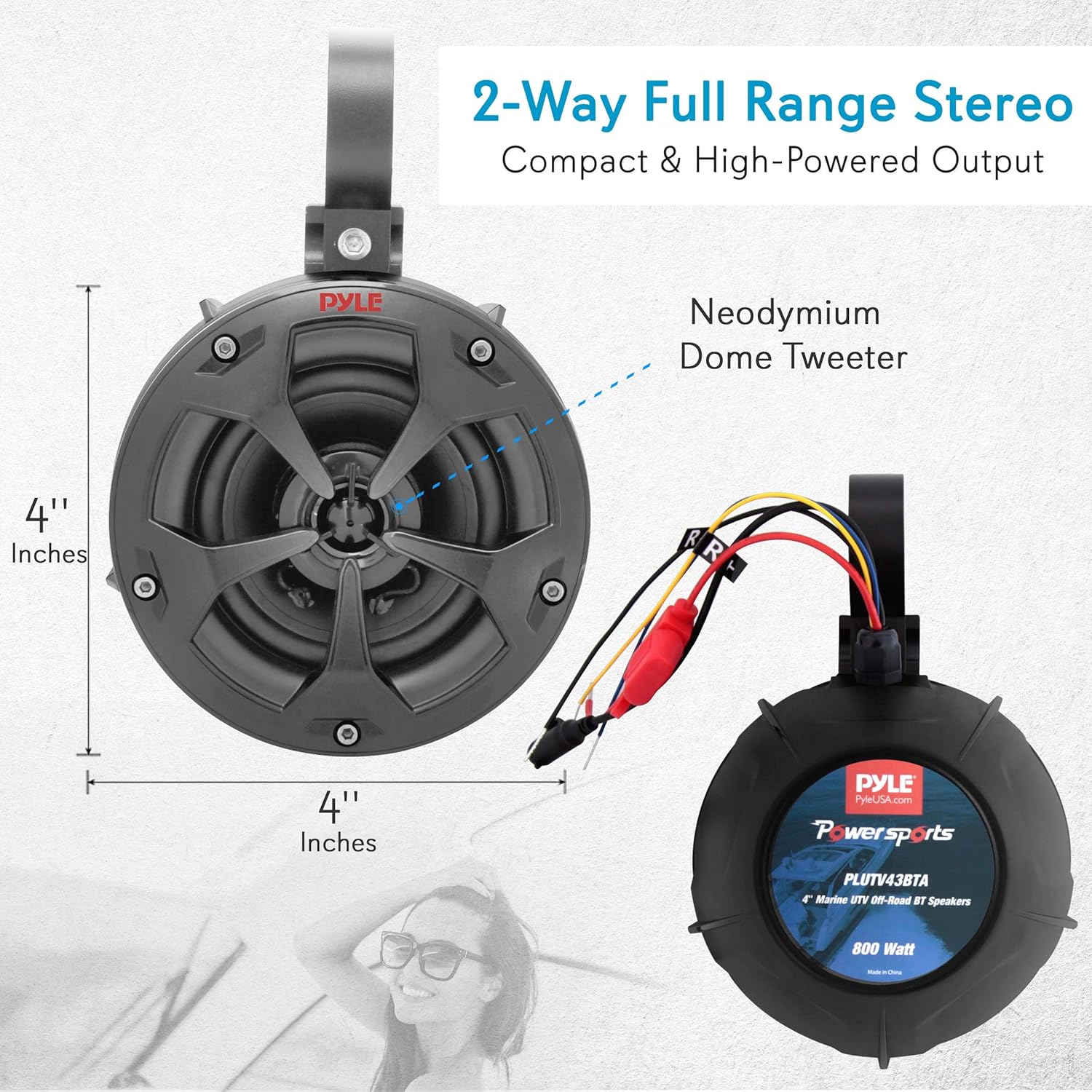 4” Waterproof Off-Road Bluetooth Speakers - 800W Power w/ Amplified Speaker System for ATV/UTV, Aux (3.5mm) Input Jack, Marine Grade Weatherproof