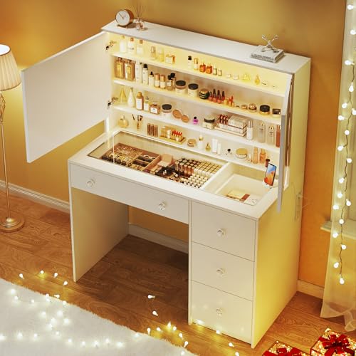 Vanity Desk with Mirror and Lights, 50" Makeup Vanity with Glass Top & Power Outlet, White Vanity with 11 Drawers & 8 Hidden Storage Shelves
