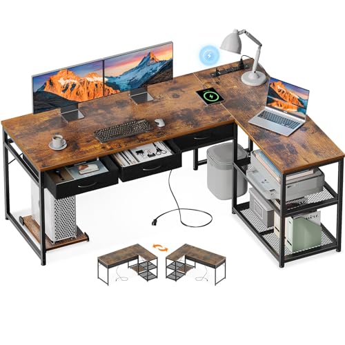 AODK 53 Inch L Shaped Computer Desk with Drawers, Corner Desk with Power Outlets & Reversible Storage Shelves