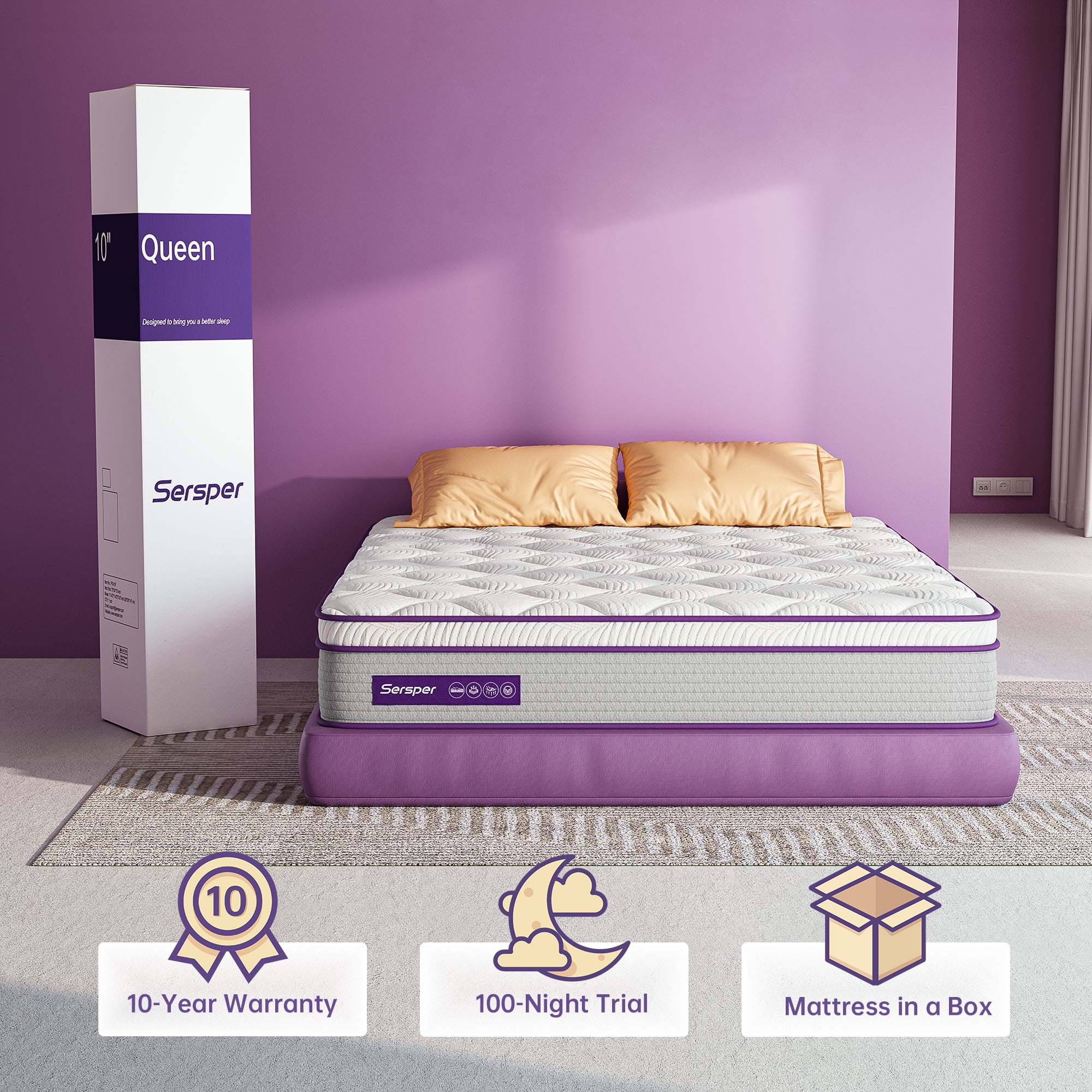 Sersper Queen Size Hybrid Mattress, 10 inch Memory Foam Euro Top Mattress, 5-Zone Support for Back Pain, Medium Firm