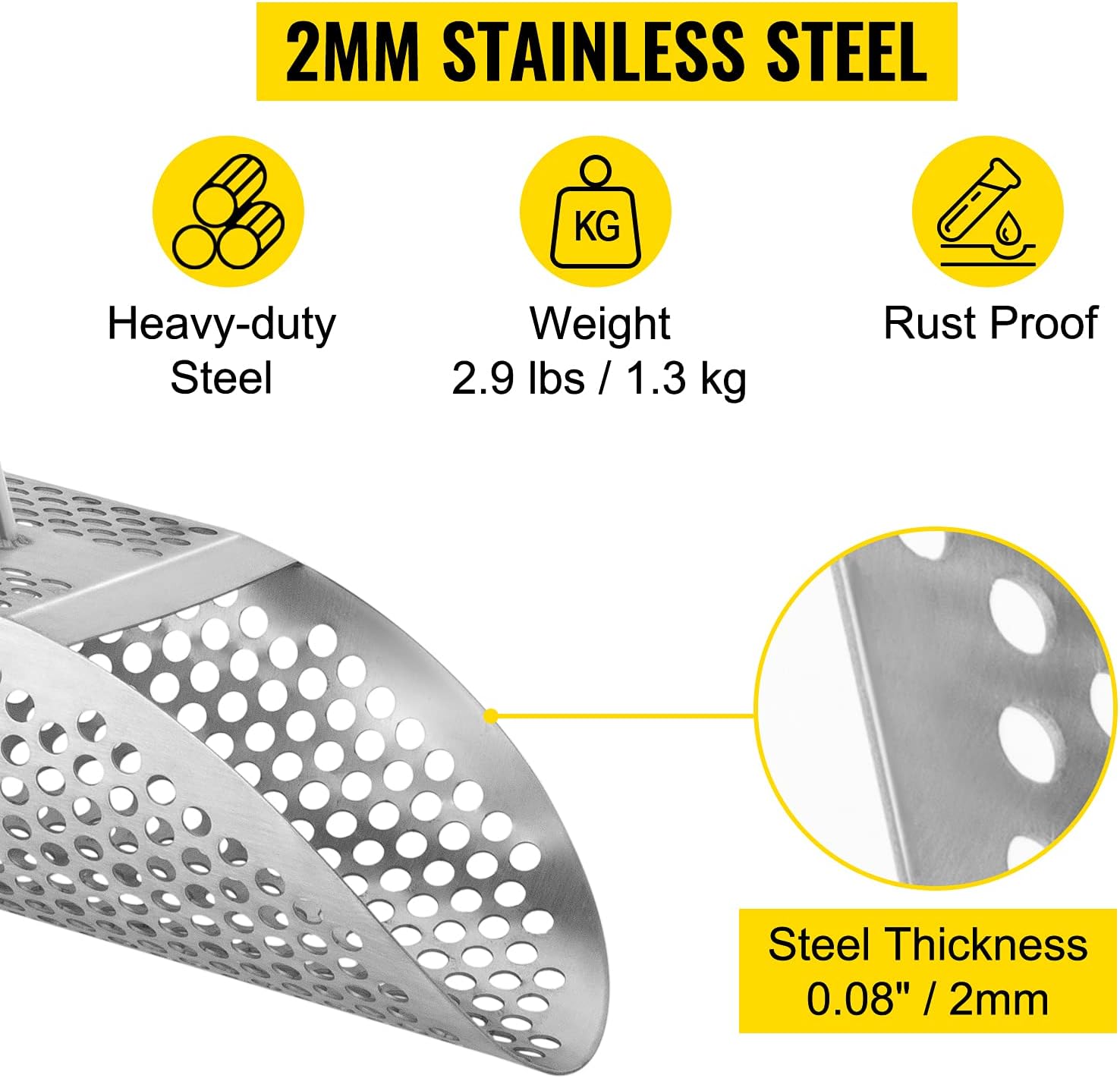 VEVOR Sand 10 MM Hole Detector Shovel Stainless Steel Metal Detecting Beach Scoops, Silver