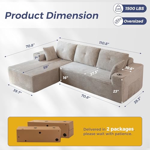 MAXYOYO 110" Modular Sectional Couch with L-Shape Chaise, Modern Boneless Couch for Living Room, Sofa in A Box, Oversized Sofa Sleeper with Deep Seat