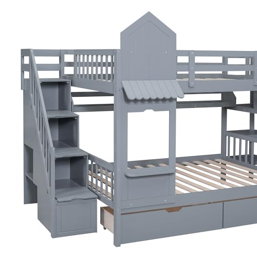 Kids Bunk Bed with Stairs and Slide, Wood Twin Over Twin Bunk Bed with Storage Drawers and Shelves, Castle Style Bunk Beds for Kids Teens Girls Boys