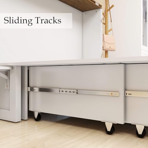 Murphy Bed Queen, Murphy Bed Cabinet with Charging Station, Large Storage Drawer and Shelves for Home Office or Guest Room, Warm White