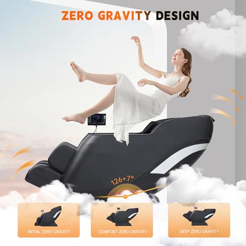 2025 Massage Chair Zero Gravity Full Body Airbags, 8 Fixed Points Massage Rollers with 6 Auto Modes, Bluetooth, Foot Rollers, Heater, Black