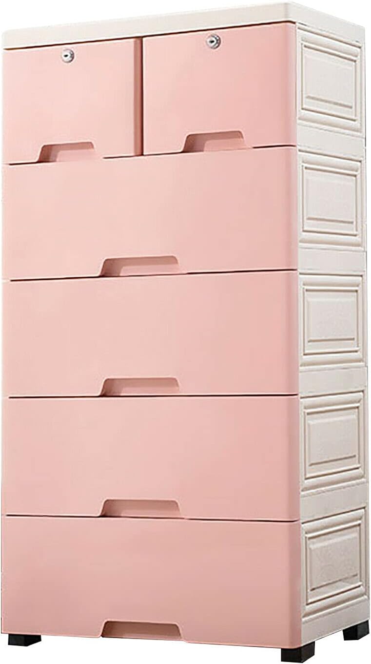 6 Drawer Dresser Vertical Cupboard Cabinet Plastic Dresser Storage with 4 Wheel and 4 Large Drawers and Top 2 Small Cabinets Locker(with Keys) for