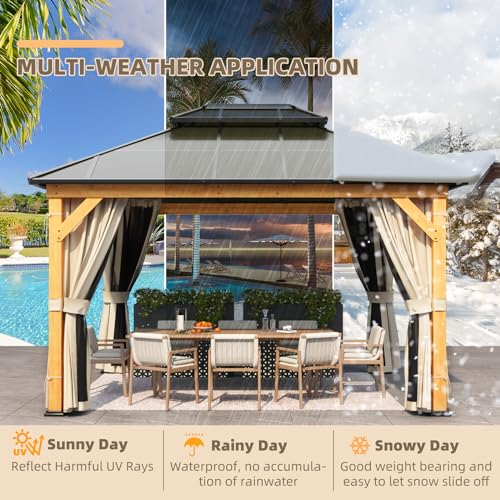 YOLENY 10'x13' Hardtop Gazebo, Outdoor Polycarbonate Double Roof Canopy, Aluminum Frame Permanent Pavilion with Curtains and Netting