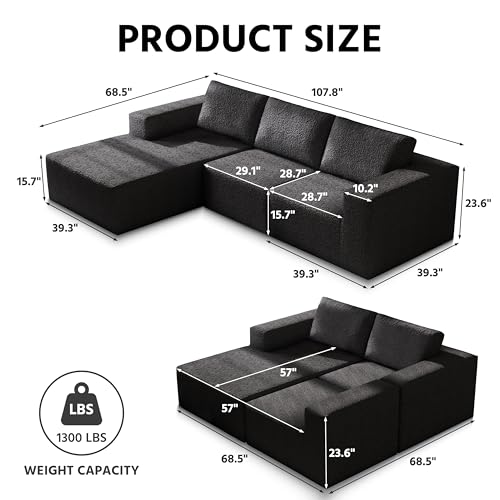 108" Cloud Modular Sectional Couch with L-Shape Chaise, Modern Sectional Sofa with Deep Seat Couch, Ultra Soft Knit Fabric Couches for Living Room