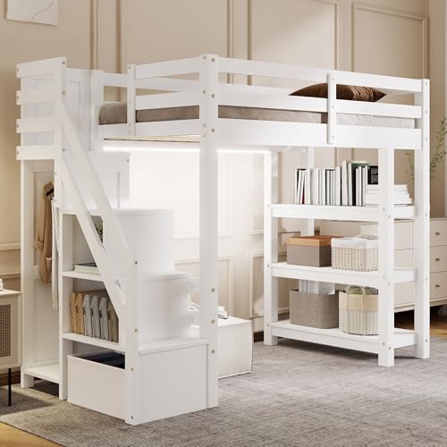 Gaming Bed with Desk,Wardrobe,Ample Storage Space,and RGB LED Light, Full Size Wood Loft Bed for Kids Bedroom (Cloud Blue/K)