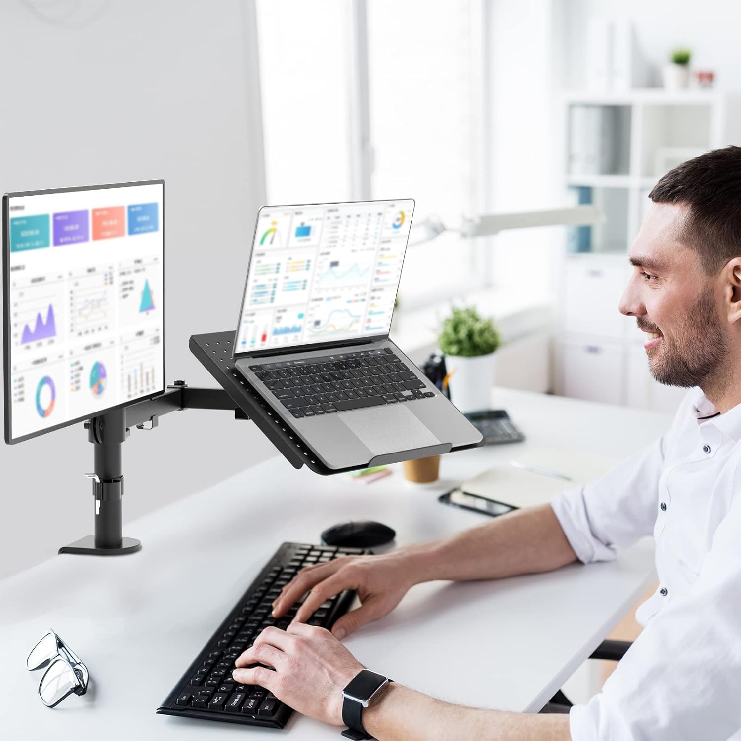 WALI Laptop and Monitor Mount Stand, Single Monitor Desk Mount with Tray for 1 Laptop Notebook up to 17 inch and 1 LCD Monitor Mount up to 27 inch