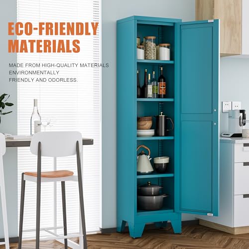 Tall Bathroom Cabinet,Narrow Metal Storage Cabinet with 5 Adjustable Shelves and Single Barn Door,Slim Pantry Storage Organizer for Bathroom,Kitchen