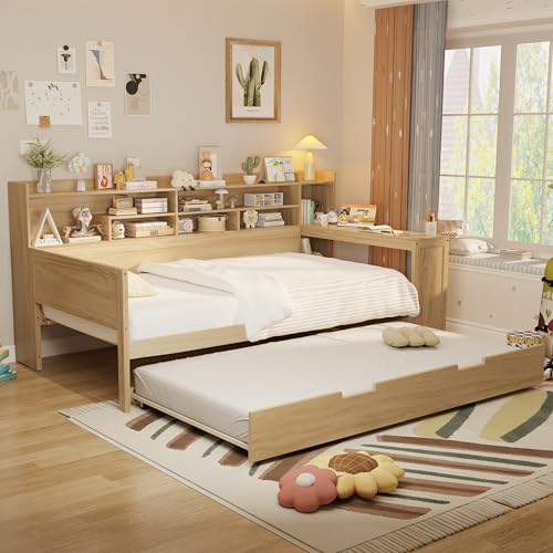 Bellemave Twin Corner Bed Frame with Storage Shelves and Desk, Wood Twin Size Daybed with Bookcase and Drawers and Storage, Gray