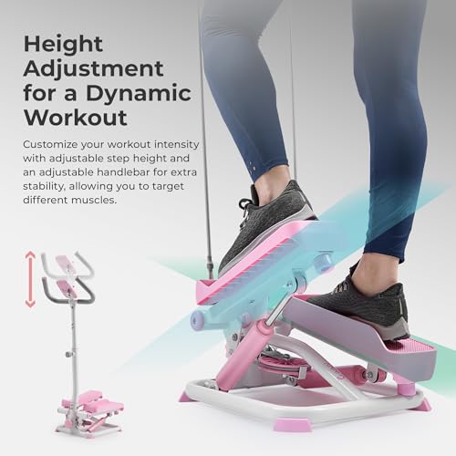 Sunny Health & Fitness Total Body 2-in-1 Smart Stepper Machine for Home with Handlebar and Resistance Bands, Total Body Workout, Adjustable Hydraulic
