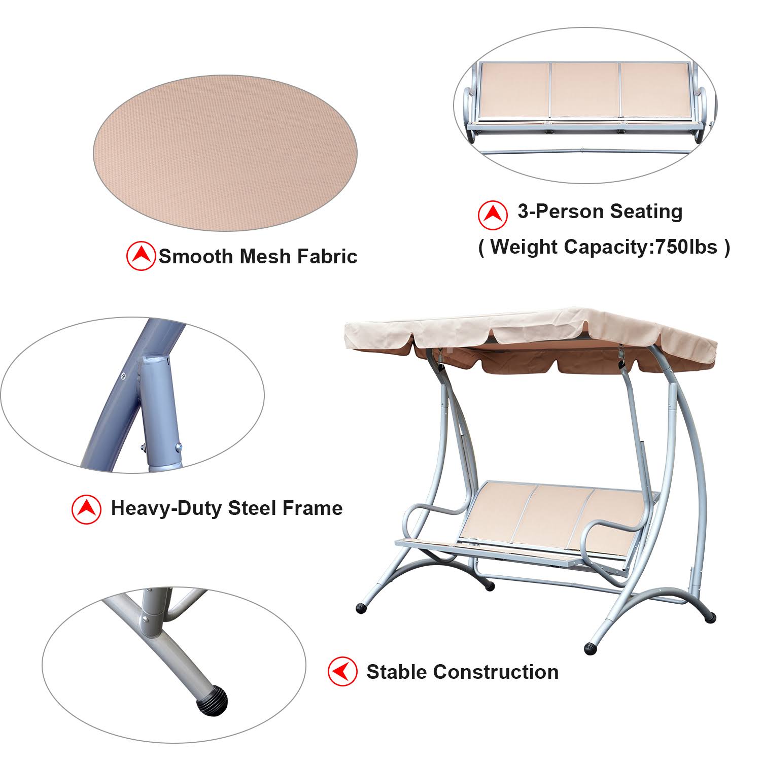 Outsunny 3 Person Steel Outdoor Patio Swing Chair with Canopy - Beige