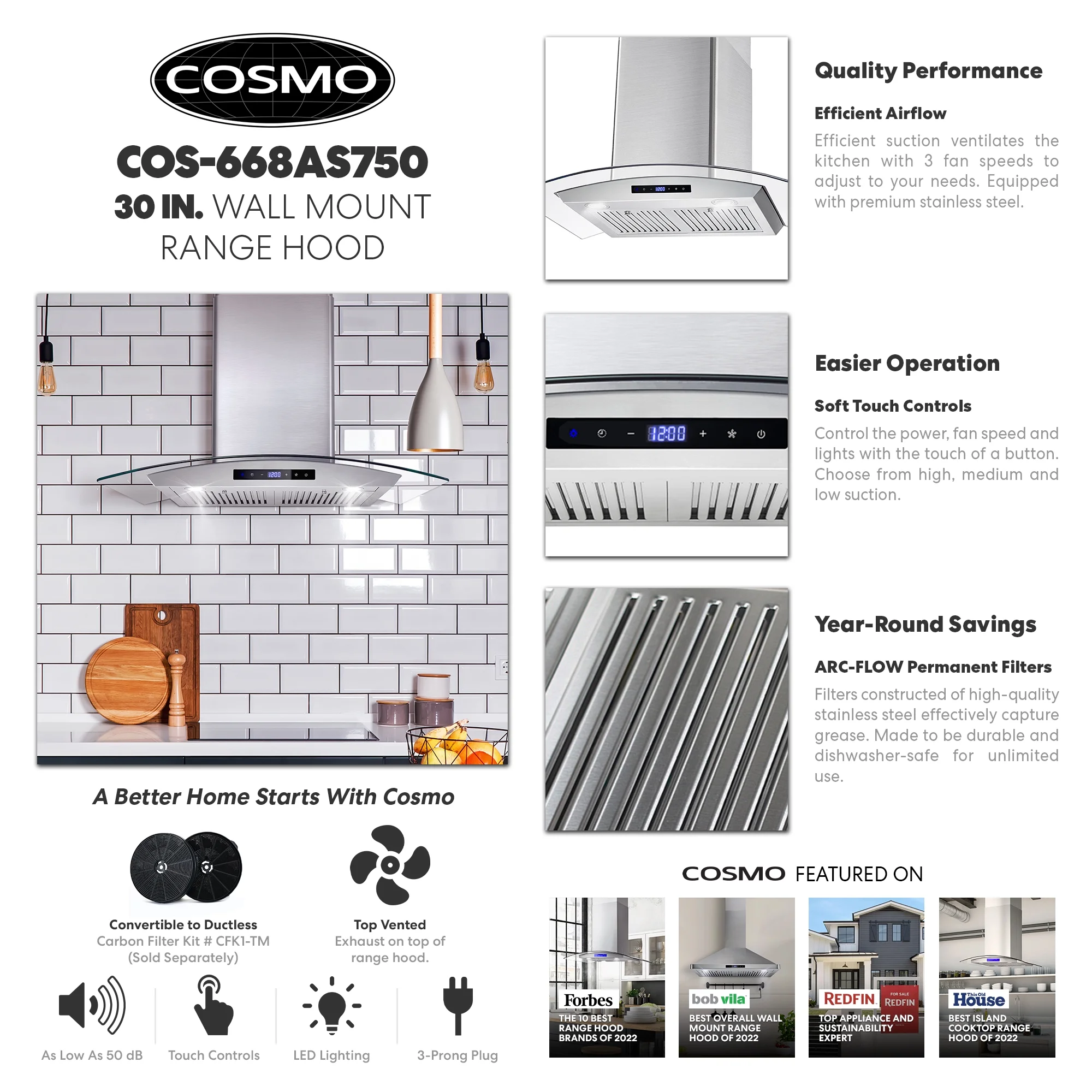 Cosmo 30 in. Ducted Wall Mount Range Hood in Stainless Steel with Touch Controls, LED Lighting and Permanent Filters
