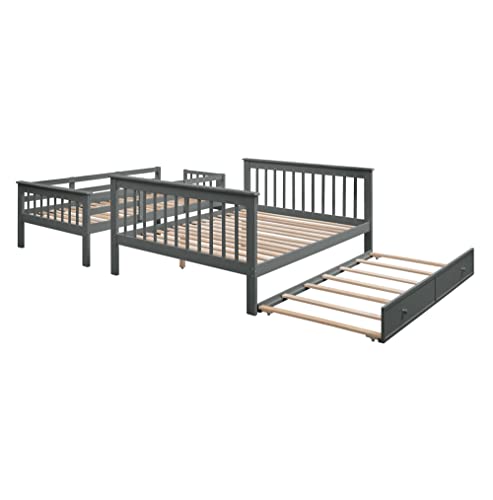 Harper & Bright Designs Twin Over Full Bunk Bed, Wood Twin Over Full Bunk Bed Frame with Trundle and Storage Shelves