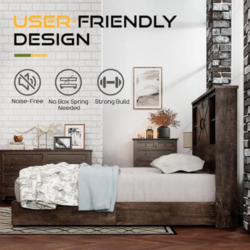 HOWE King Size Bed Frame, Wood Platform Bed Frame with 51.2" Bookcase Headboard, Storage Bed with Sliding Barn Door Charging Station 2 Drawers