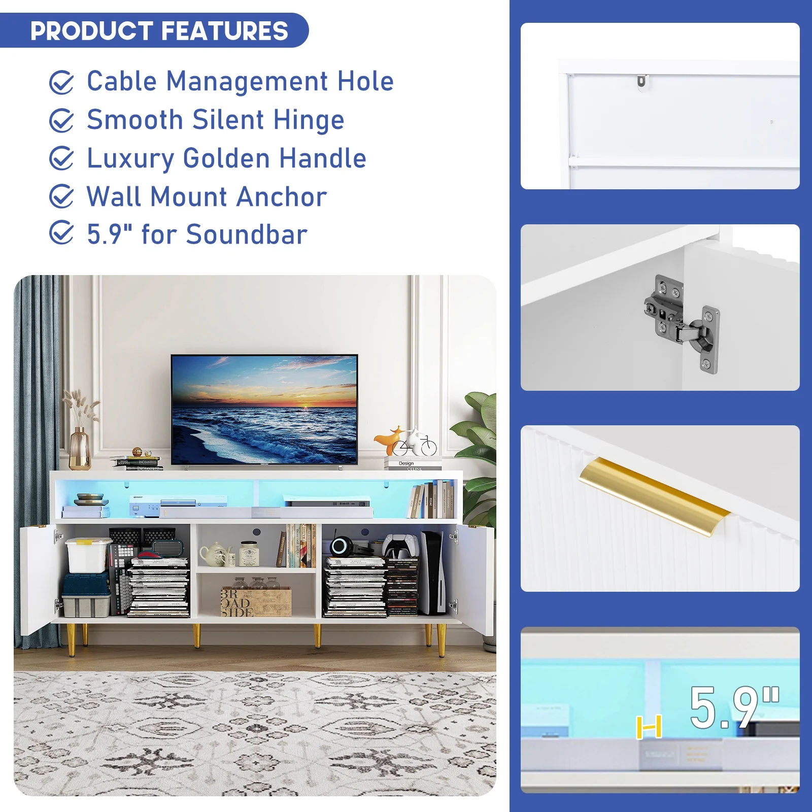 ChVans LED TV Stand for 55 60 65 inch TV, Wood Media Console, Entertainment Cabinet with Doors and Cubby Storage