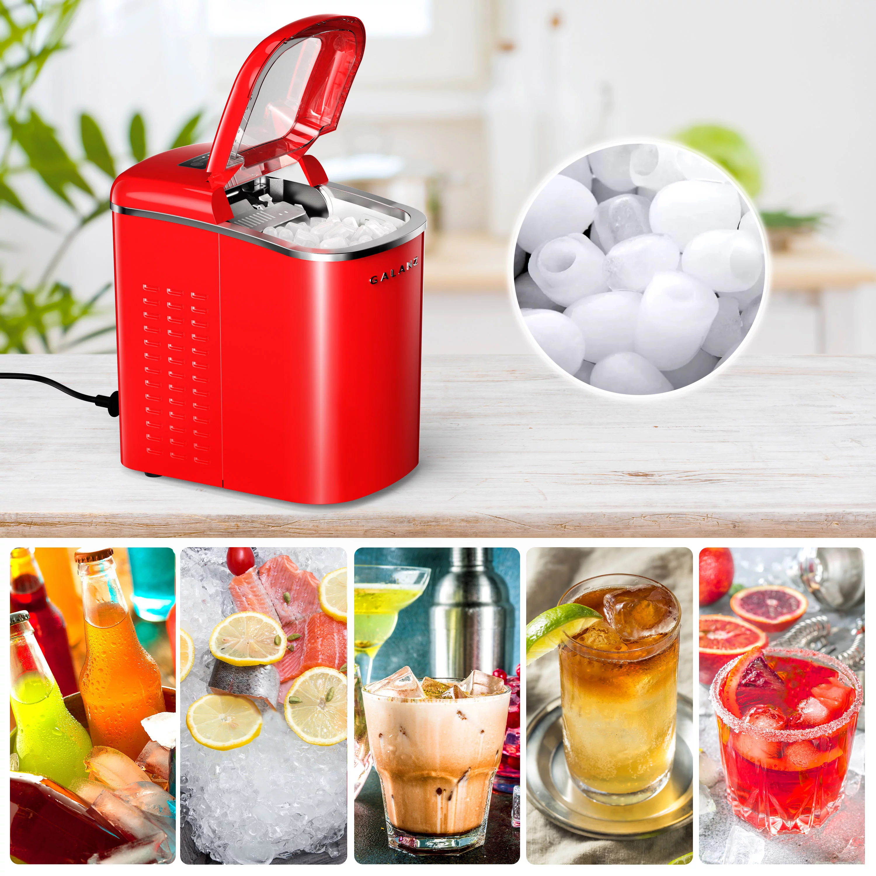 Galanz Portable Countertop Electric Maker Machine 26 lbs in 24 Hours, 9 Bullet Shaped Cubes Ready in 9 Minutes, 2 Ice Sizes