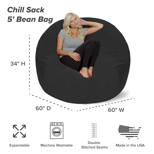 Chill Sack Bean Bag Chair - 5' Giant Memory Foam Lounge Chair with Soft Microfiber Cover – Cozy Furniture for Living Room, Dorm