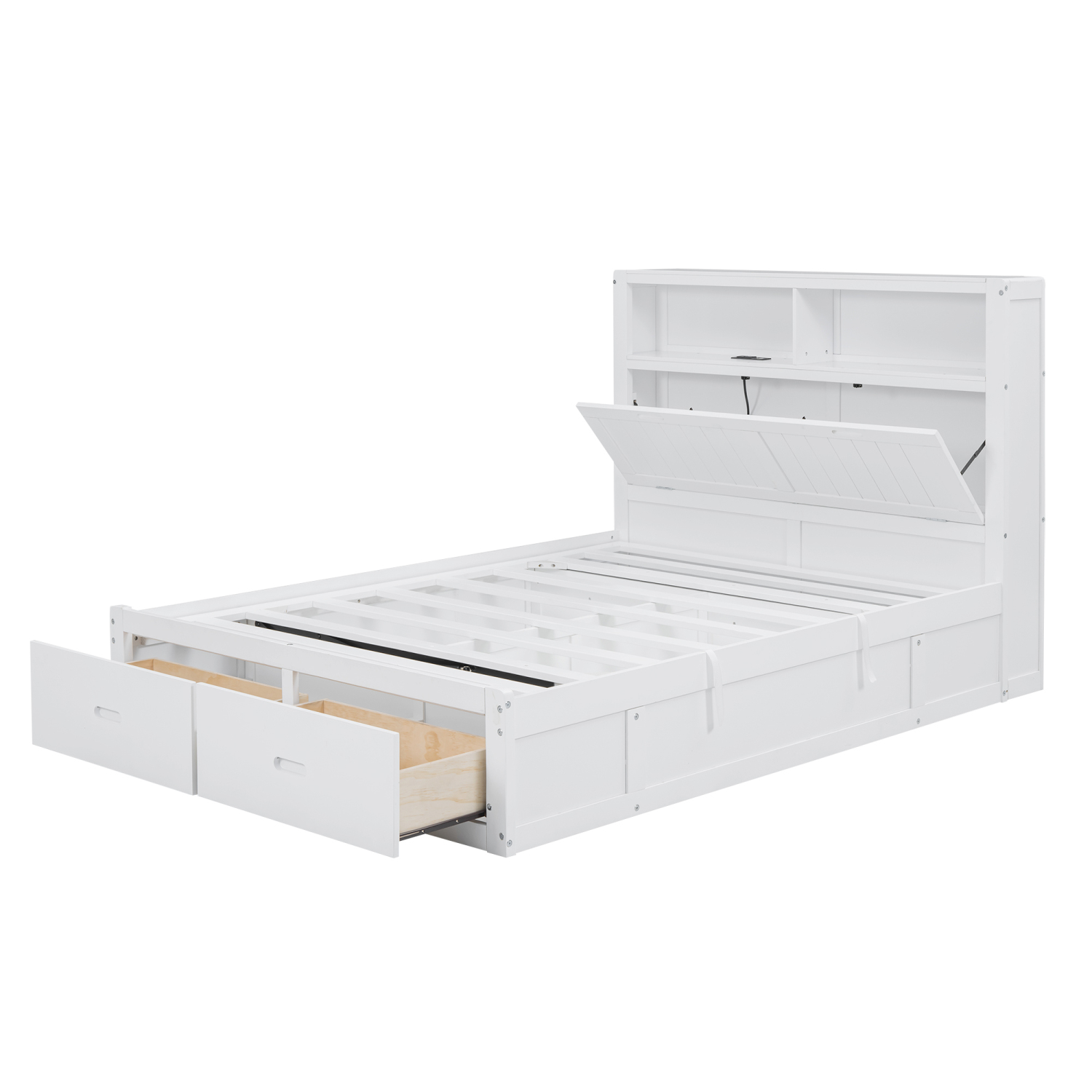 Churanty Full Size Platform Bed with Storage Shelves Headboard, Hydraulic Cabinets and 2 Drawers Underneath