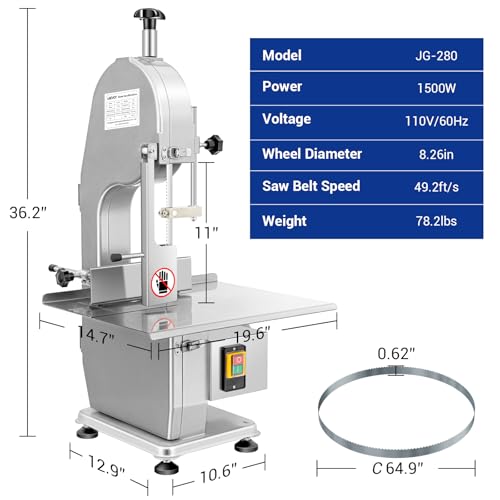Commercial Electric Meat Saw, 750W Bone Saw For Butchering,110V Meat Bandsaw, Bone Cutting Machine with 2 Saw Blades,0.39-4.3 Cutting Thickness