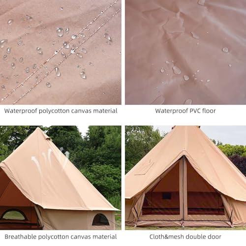Cotton Canvas Bell Tent with Stove Jack, Roomy Yurt for Family Glamping Camping, 4 Season Tent with Zipped Removable Floor