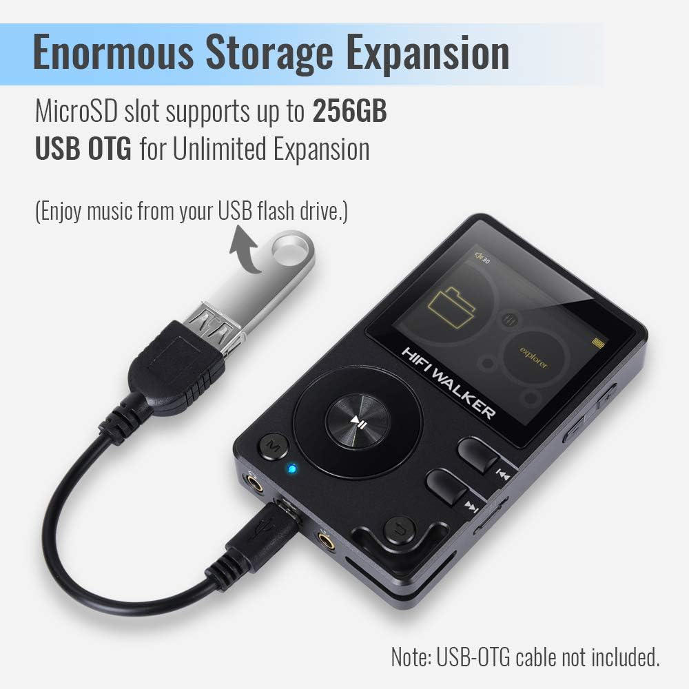 HIFI WALKER H2, High Resolution Bluetooth MP3 Player, DSD DAC OTG, Portable Digital Audio Music Player with Memory Card and HD Earphones