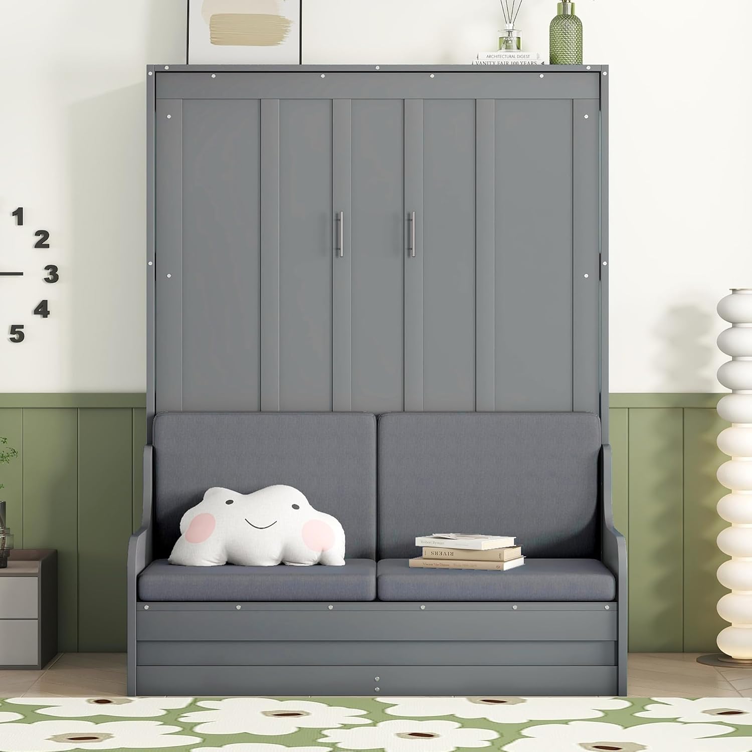 Queen Size Murphy Bed Chest with Upholstered Headboard, Solid Wood 87 "H Murphy Wall Bed Cabinet Bed with Cushion Seat for Guest Room Home Office
