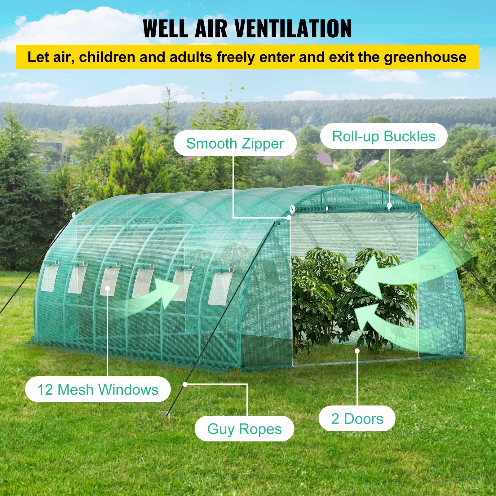 VEVORbrand Walk in Tunnel Greenhouse, 20 x 10 x 7 ft Portable Plant Hot House w/ Galvanized Steel Hoops, 3 Top Beams, Diagonal Poles
