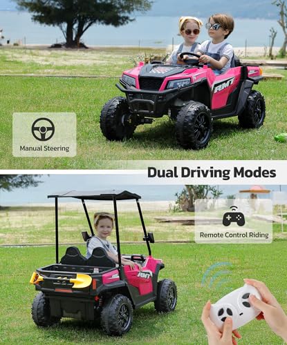 ELEMARA 24V Ride on Toy for Big Kid,Ride on Car 2 Seater w/Sun Shade,Dump Bed & Shovel,4.5MPH,4WD Electric Car for Kids,Battery Car w/Remote