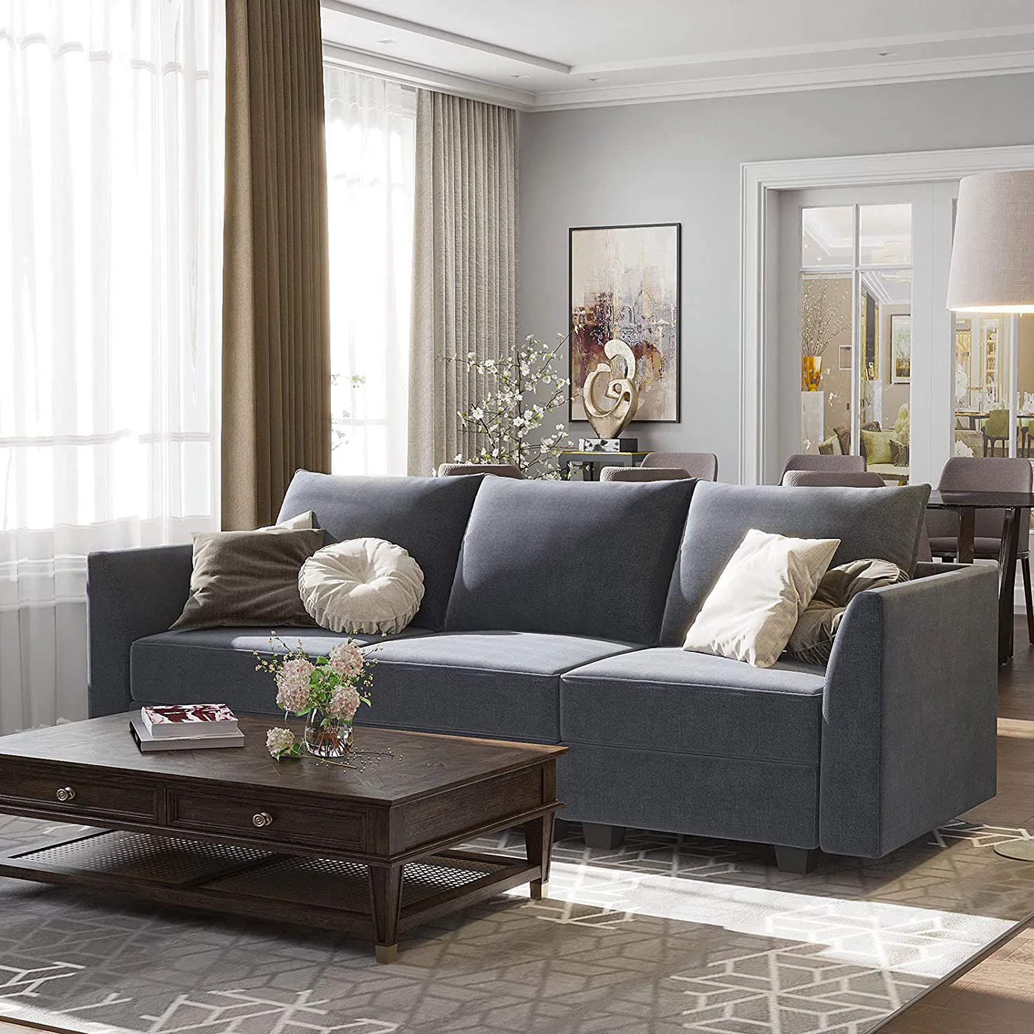 HONBAY Modern Sectional Sofa Upholstered 3-Seater Modular Couch, Bluish Gray